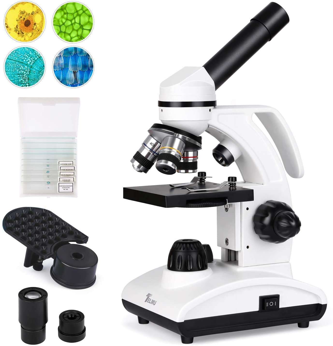 TELMU Dual Cordless LED Illumination Lab Microscope with Optical Glass Lenses & Slides
