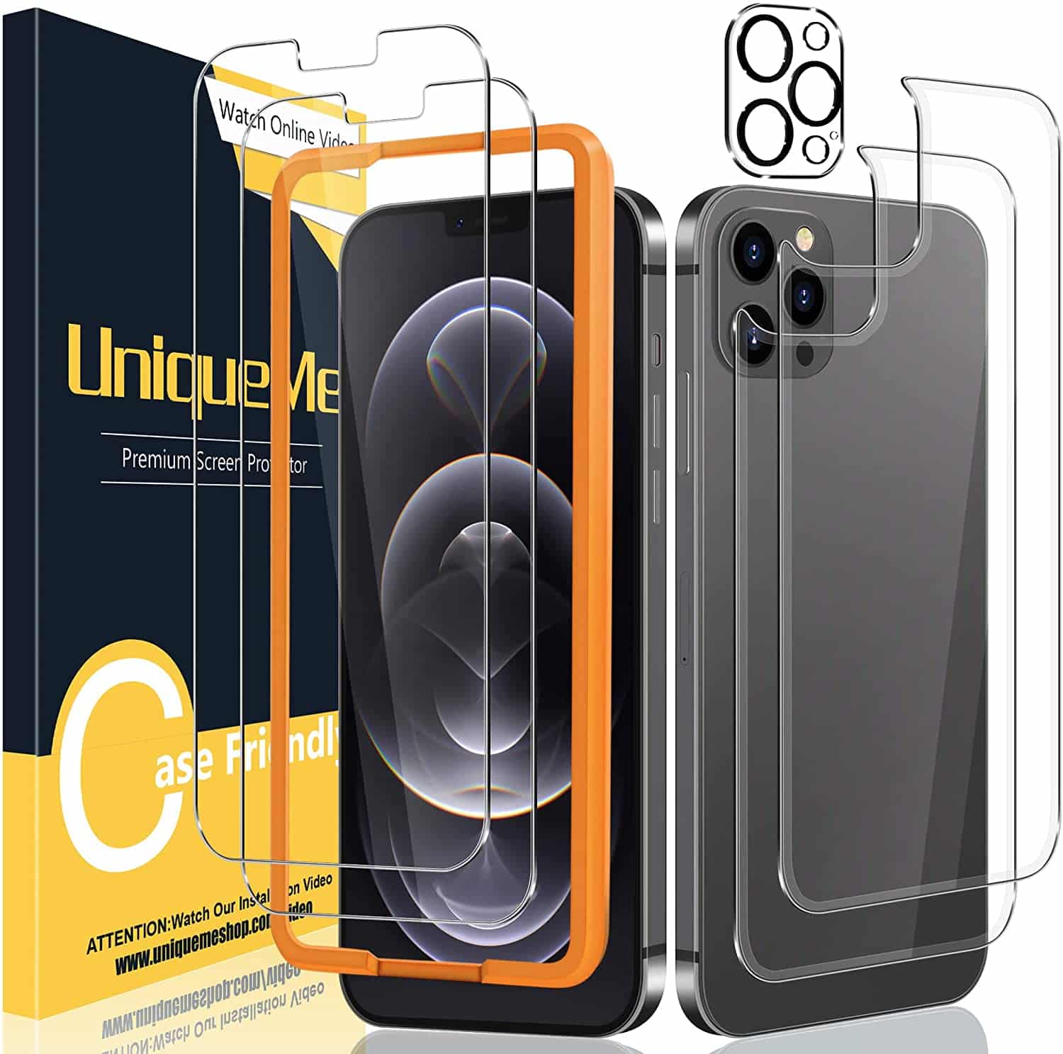 UniqueMe iPhone 12 Pro Max Front and Back Screen Protector + Camera Lens Protector Tempered Glass Screen