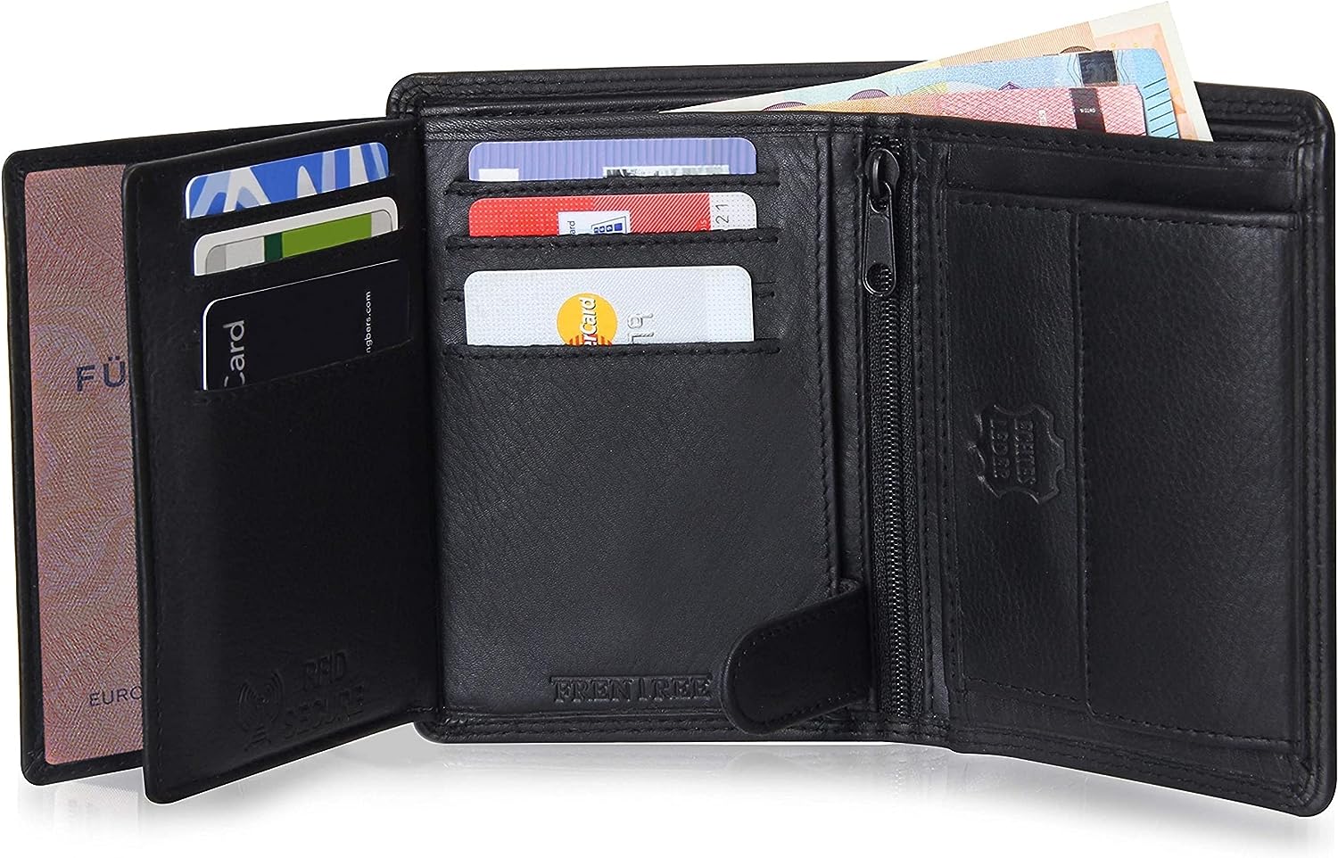 Frentree® Mens Nappa Leather Wallet, 15 card slots Trifold with RFID Protection, portrait format Wallet, Black