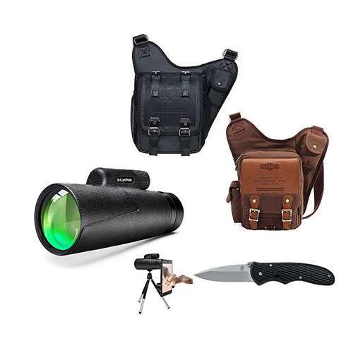 Gerber Essentials Folding Knife / Monocular Telescope / Kaukko Vintage Canvas Bag Bundle